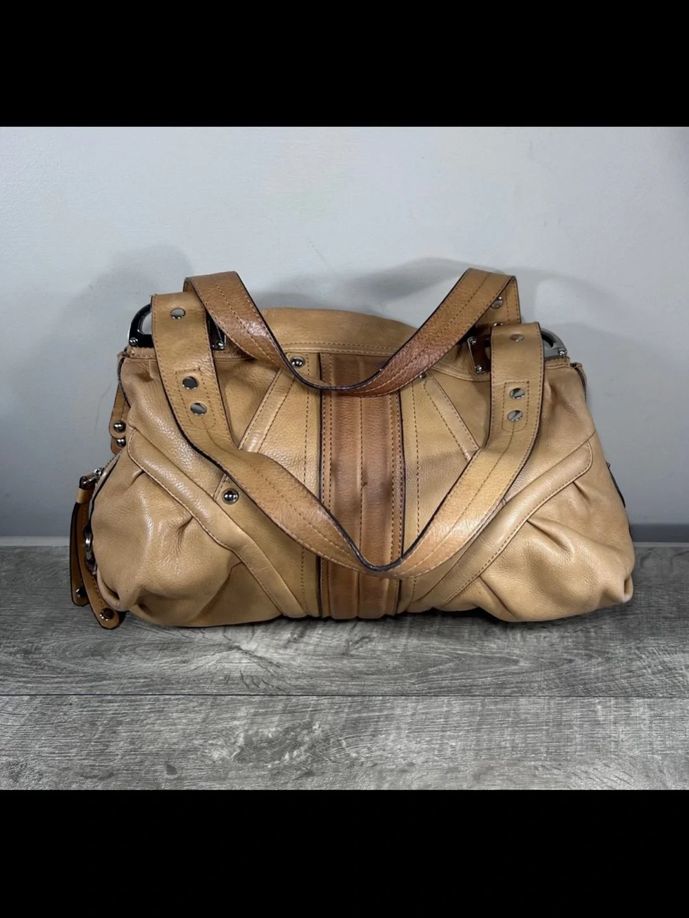 B. Makowsky Tan Glove Leather Double Handles Hobo Shoulder Satchel Bag Purse